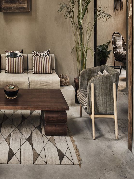 Lounge sofas, woven chair and wooden coffee table